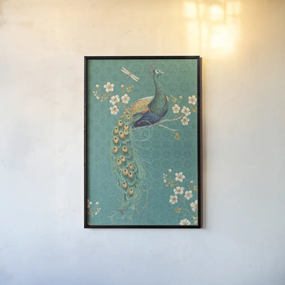 Ornate Peacock IXD by Daphne Brissonnet. shown as a paper print in a black flame. Available as a archival giclee rolled canvas, fine art paper, or poster print. SKU 21850h.