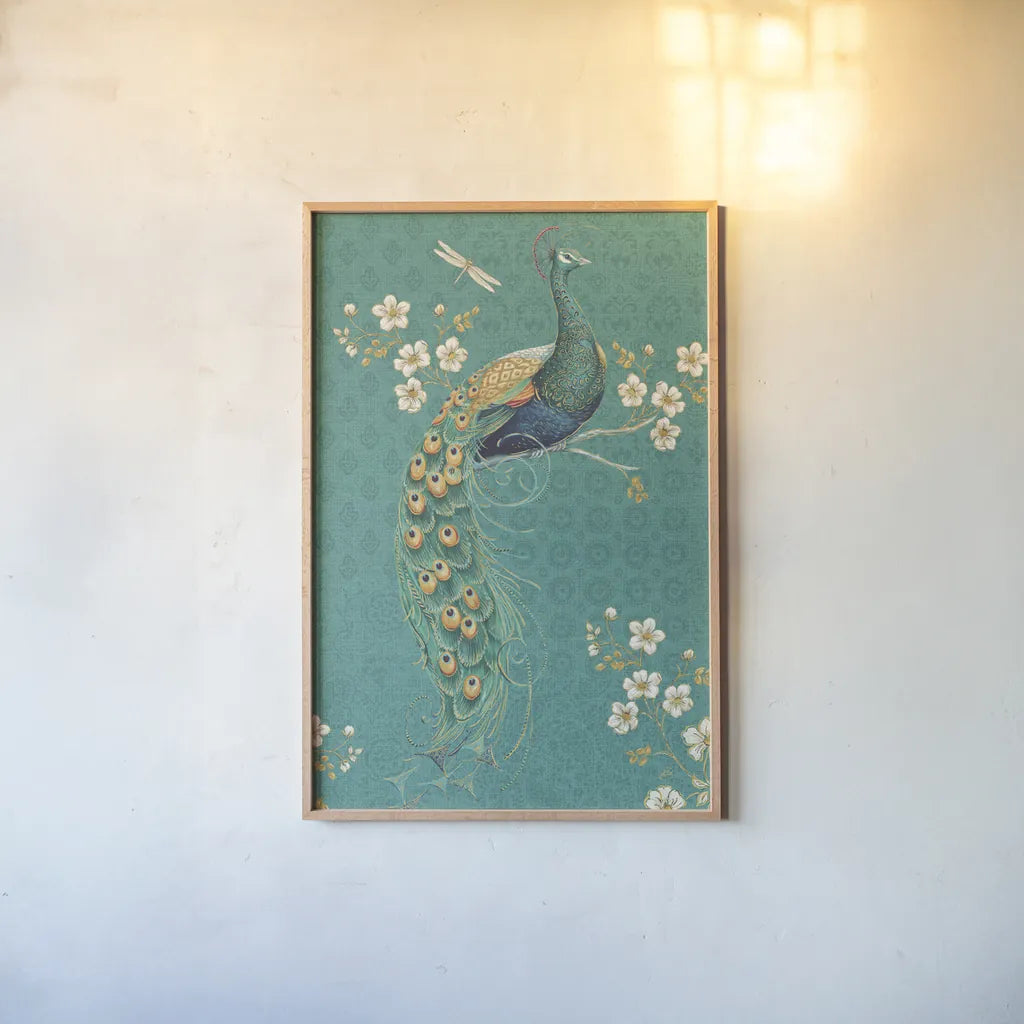 Ornate Peacock IXD by Daphne Brissonnet. shown as a paper print in a natural frame. Available as a archival giclee rolled canvas, fine art paper, or poster print. SKU 21850h.