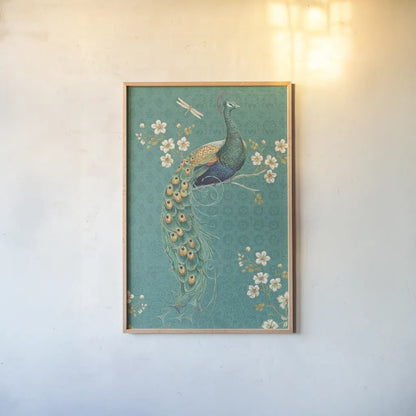 Ornate Peacock IXD by Daphne Brissonnet. shown as a paper print in a natural frame. Available as a archival giclee rolled canvas, fine art paper, or poster print. SKU 21850h.