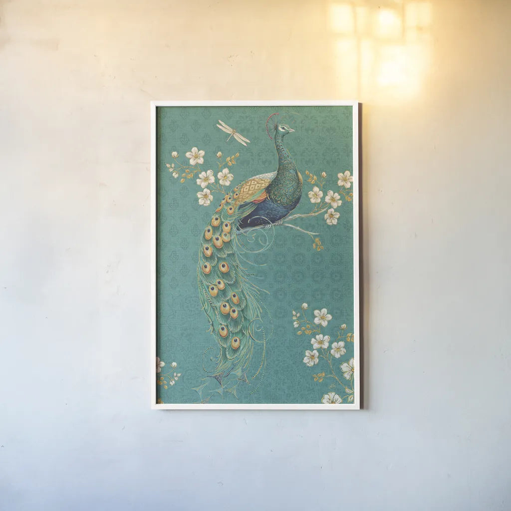 Ornate Peacock IXD by Daphne Brissonnet. shown as a paper print in a white frame. Available as a archival giclee rolled canvas, fine art paper, or poster print. SKU 21850h.
