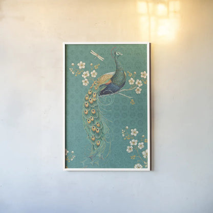 Ornate Peacock IXD by Daphne Brissonnet. shown as a paper print in a white frame. Available as a archival giclee rolled canvas, fine art paper, or poster print. SKU 21850h.