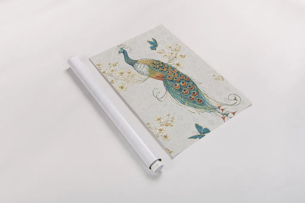 Ornate Peacock XA by Daphne Brissonnet. shown as a rolled paper print. Available as archival giclee rolled canvas, fine art paper, or poster print. SKU 28573h.