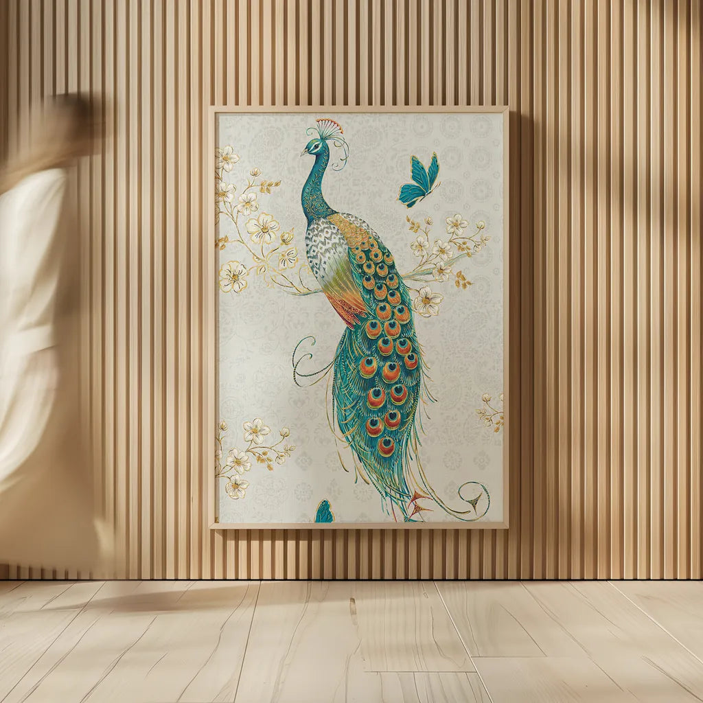 Ornate Peacock XA by Daphne Brissonnet. shown as over sized large wall art. Available as an archival giclee rolled canvas, fine art paper, or poster print. SKU 28573h.