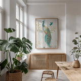 Ornate Peacock XA by Daphne Brissonnet. shown as a print in a natural wood frame in a dining room. Available as a archival giclee rolled canvas, fine art paper, or poster print. SKU 28573h.