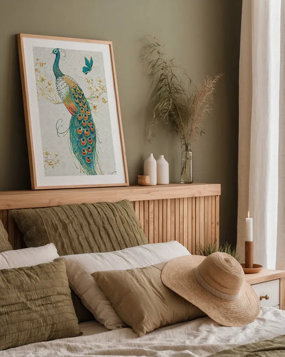 Ornate Peacock XA by Daphne Brissonnet. shown as a paper print in a natural frame. Available as a archival giclee rolled canvas, fine art paper, or poster print. SKU 28573h.