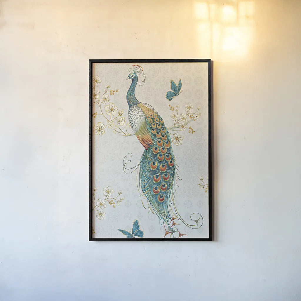 Ornate Peacock XA by Daphne Brissonnet. shown as a paper print in a black flame. Available as a archival giclee rolled canvas, fine art paper, or poster print. SKU 28573h.