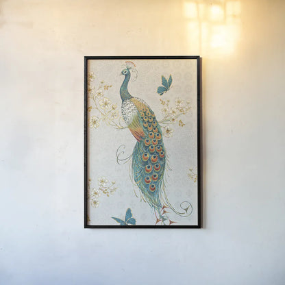 Ornate Peacock XA by Daphne Brissonnet. shown as a paper print in a black flame. Available as a archival giclee rolled canvas, fine art paper, or poster print. SKU 28573h.