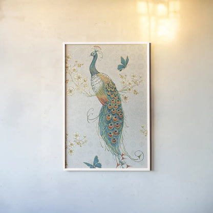 Ornate Peacock XA by Daphne Brissonnet. shown as a paper print in a white frame. Available as a archival giclee rolled canvas, fine art paper, or poster print. SKU 28573h.