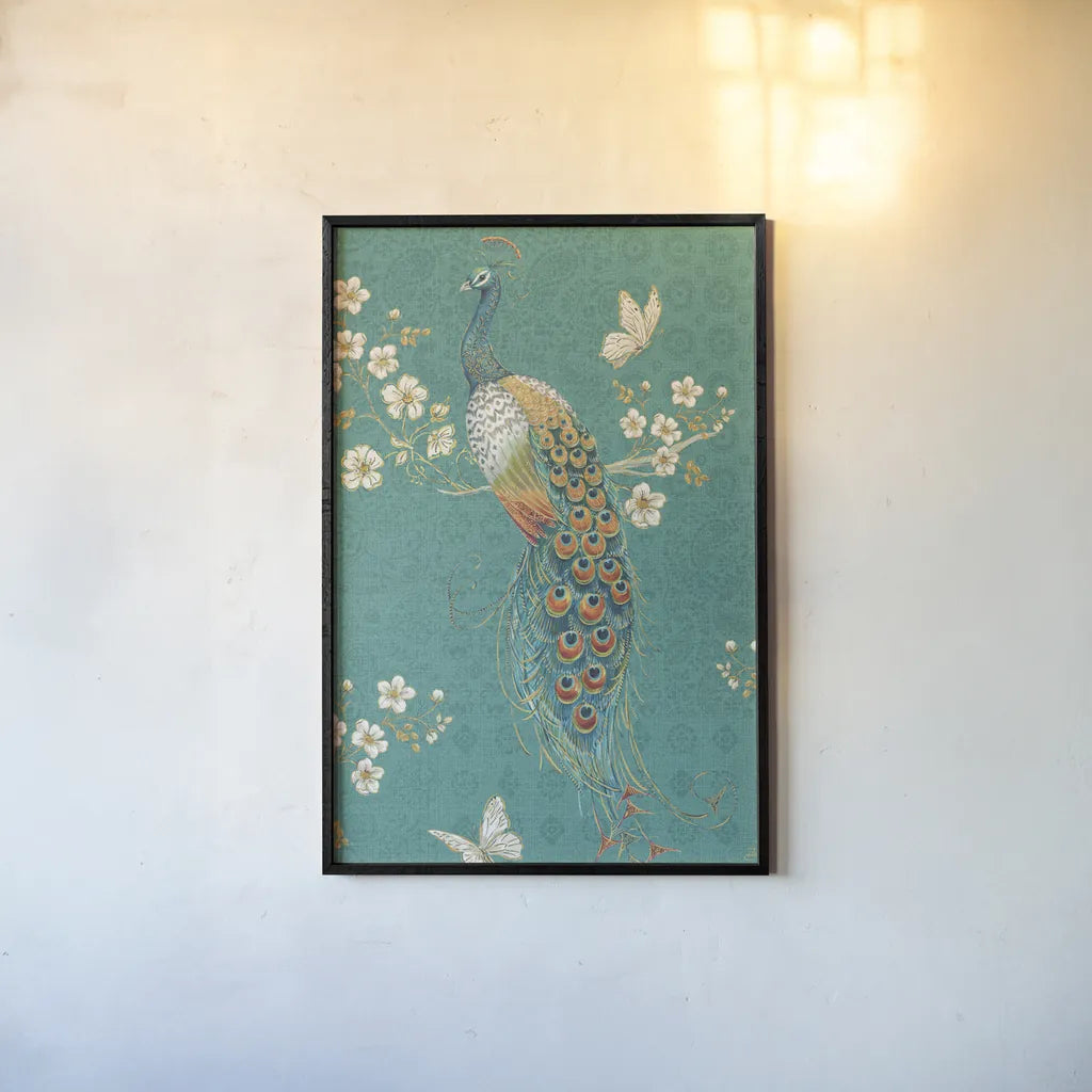 Ornate Peacock XD by Daphne Brissonnet. shown as a paper print in a black flame. Available as a archival giclee rolled canvas, fine art paper, or poster print. SKU 21851h.