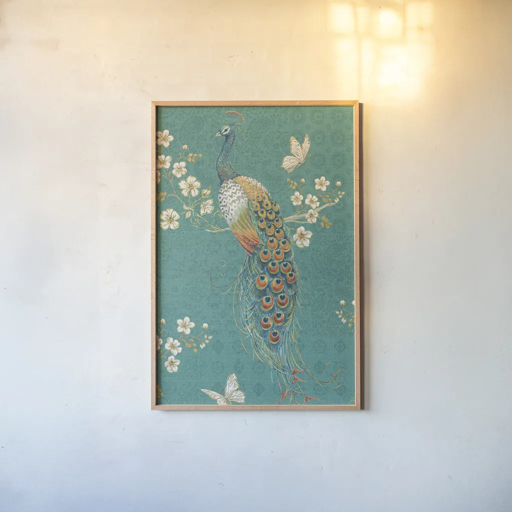 Ornate Peacock XD by Daphne Brissonnet. shown as a paper print in a natural frame. Available as a archival giclee rolled canvas, fine art paper, or poster print. SKU 21851h.