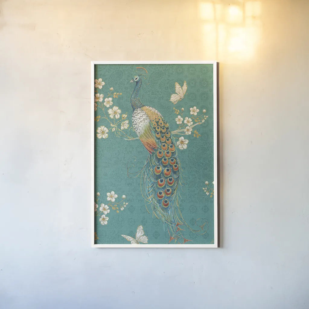 Ornate Peacock XD by Daphne Brissonnet. shown as a paper print in a white frame. Available as a archival giclee rolled canvas, fine art paper, or poster print. SKU 21851h.