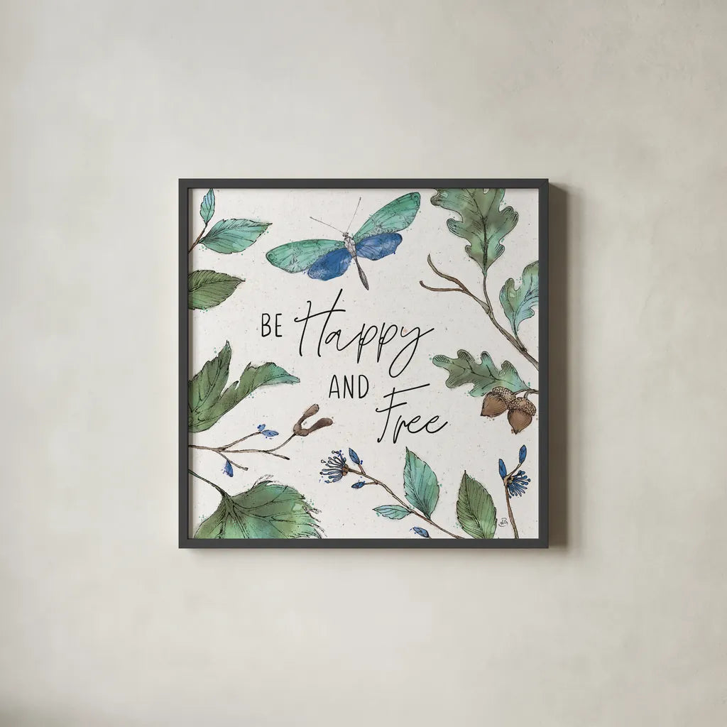 Outdoor Beauties I Color Be Happy and Free by Daphne Brissonnet. Shown in a sleek black glass frame for a contemporary gallery look. Available as an archival giclee rolled canvas, fine art paper, or poster print. SKU 57351a.
