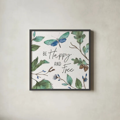 Outdoor Beauties I Color Be Happy and Free by Daphne Brissonnet. Shown in a sleek black glass frame for a contemporary gallery look. Available as an archival giclee rolled canvas, fine art paper, or poster print. SKU 57351a.