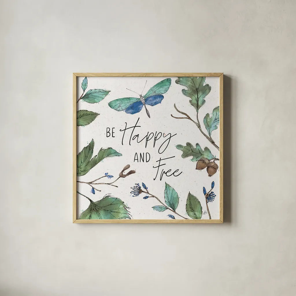 Outdoor Beauties I Color Be Happy and Free by Daphne Brissonnet. Shown in a natural wood glass frame for a timeless modern aesthetic. Available as an archival giclee rolled canvas, fine art paper, or poster print. SKU 57351a.