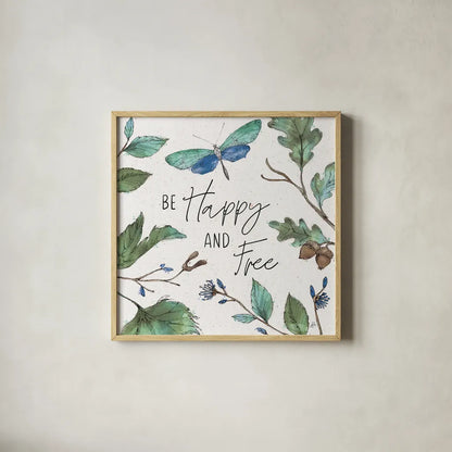 Outdoor Beauties I Color Be Happy and Free by Daphne Brissonnet. Shown in a natural wood glass frame for a timeless modern aesthetic. Available as an archival giclee rolled canvas, fine art paper, or poster print. SKU 57351a.