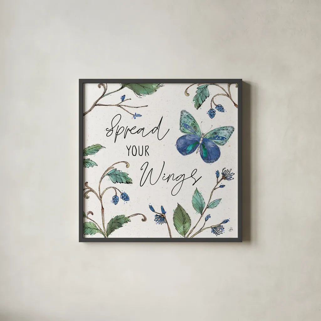 Outdoor Beauties II Color Spread Your Wings by Daphne Brissonnet. Shown in a sleek black glass frame for a contemporary gallery look. Available as an archival giclee rolled canvas, fine art paper, or poster print. SKU 57352a.