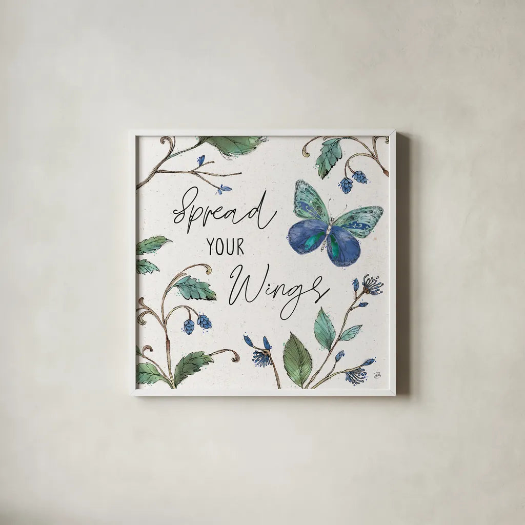 Outdoor Beauties II Color Spread Your Wings by Daphne Brissonnet. Shown in a crisp white glass frame for a clean and minimalist style. Available as an archival giclee rolled canvas, fine art paper, or poster print. SKU 57352a.