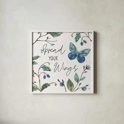 Outdoor Beauties II Color Spread Your Wings by Daphne Brissonnet. Shown in a crisp white glass frame for a clean and minimalist style. Available as an archival giclee rolled canvas, fine art paper, or poster print. SKU 57352a.