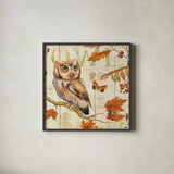 Owl Lodge I by Daphne Brissonnet. Shown in a sleek black glass frame for a contemporary gallery look. Available as an archival giclee rolled canvas, fine art paper, or poster print. SKU 15066a.