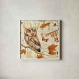 Owl Lodge I by Daphne Brissonnet. Shown in a crisp white glass frame for a clean and minimalist style. Available as an archival giclee rolled canvas, fine art paper, or poster print. SKU 15066a.