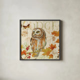 Owl Lodge II by Daphne Brissonnet. Shown in a sleek black glass frame for a contemporary gallery look. Available as an archival giclee rolled canvas, fine art paper, or poster print. SKU 15067a.