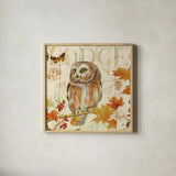 Owl Lodge II by Daphne Brissonnet. Shown in a natural wood glass frame for a timeless modern aesthetic. Available as an archival giclee rolled canvas, fine art paper, or poster print. SKU 15067a.