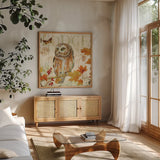 Owl Lodge II by Daphne Brissonnet. Shown in a natural wood frame in a cozy modern living room. Available as an archival giclee rolled canvas, fine art paper, or poster print. SKU 15067a.