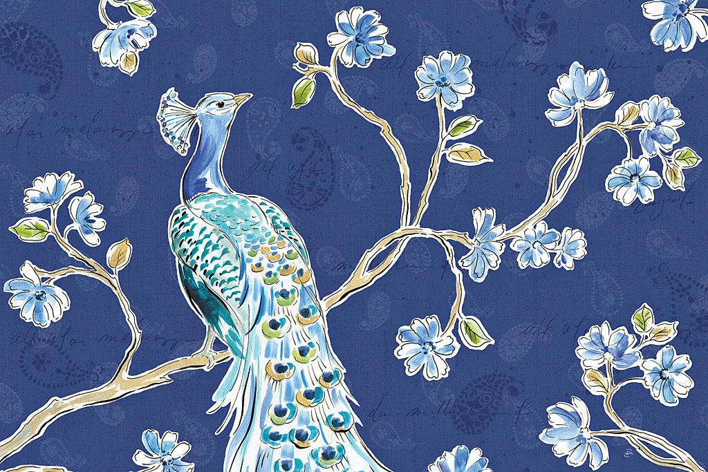 Peacock Allegory I Blue by Daphne Brissonnet. SKU 37504i. Archival Giclee Fine art print for wall decor.