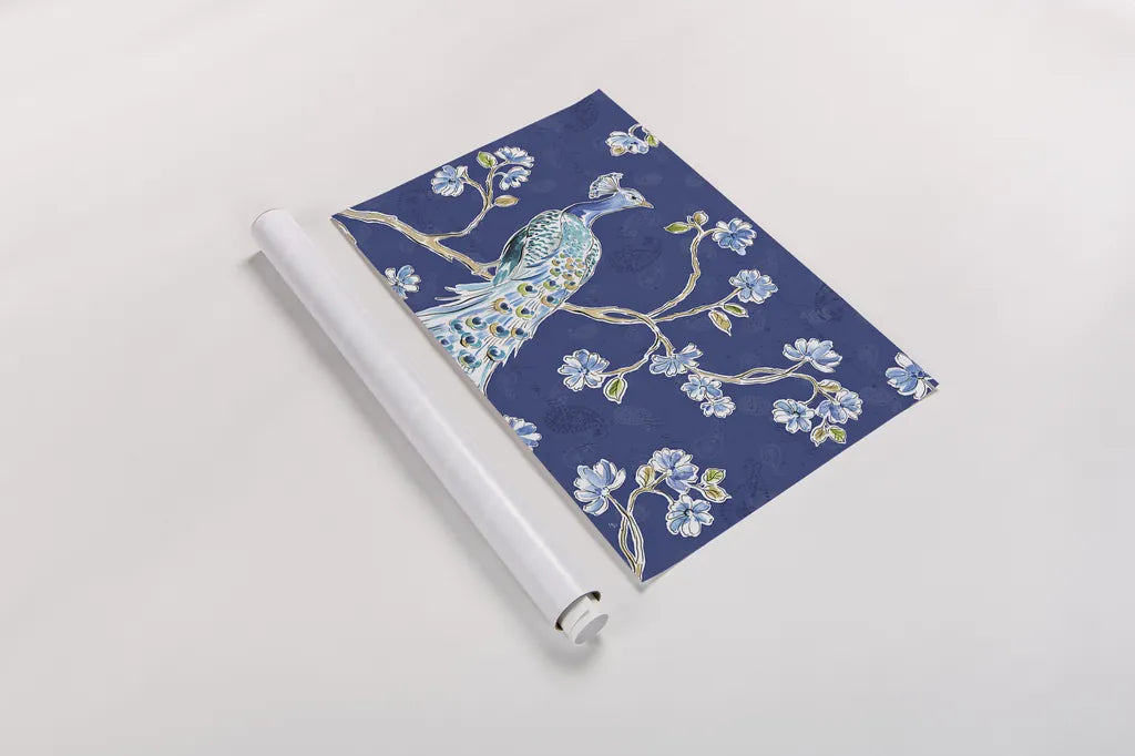 Peacock Allegory I Blue by Daphne Brissonnet. shown as a rolled paper print. Available as archival giclee rolled canvas, fine art paper, or poster print. SKU 37504i.