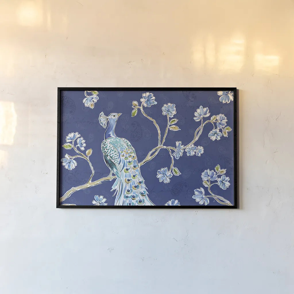 Peacock Allegory I Blue by Daphne Brissonnet. shown as a paper print in a black flame. Available as a archival giclee rolled canvas, fine art paper, or poster print. SKU 37504i.