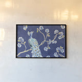 Peacock Allegory I Blue by Daphne Brissonnet. shown as a paper print in a black flame. Available as a archival giclee rolled canvas, fine art paper, or poster print. SKU 37504i.
