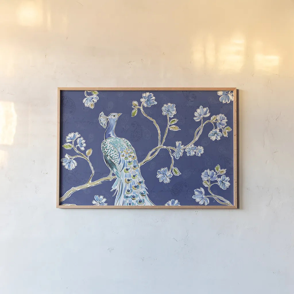 Peacock Allegory I Blue by Daphne Brissonnet. shown as a paper print in a natural frame. Available as a archival giclee rolled canvas, fine art paper, or poster print. SKU 37504i.