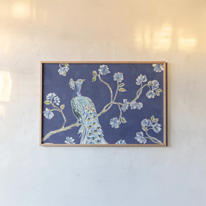 Peacock Allegory I Blue by Daphne Brissonnet. shown as a paper print in a natural frame. Available as a archival giclee rolled canvas, fine art paper, or poster print. SKU 37504i.