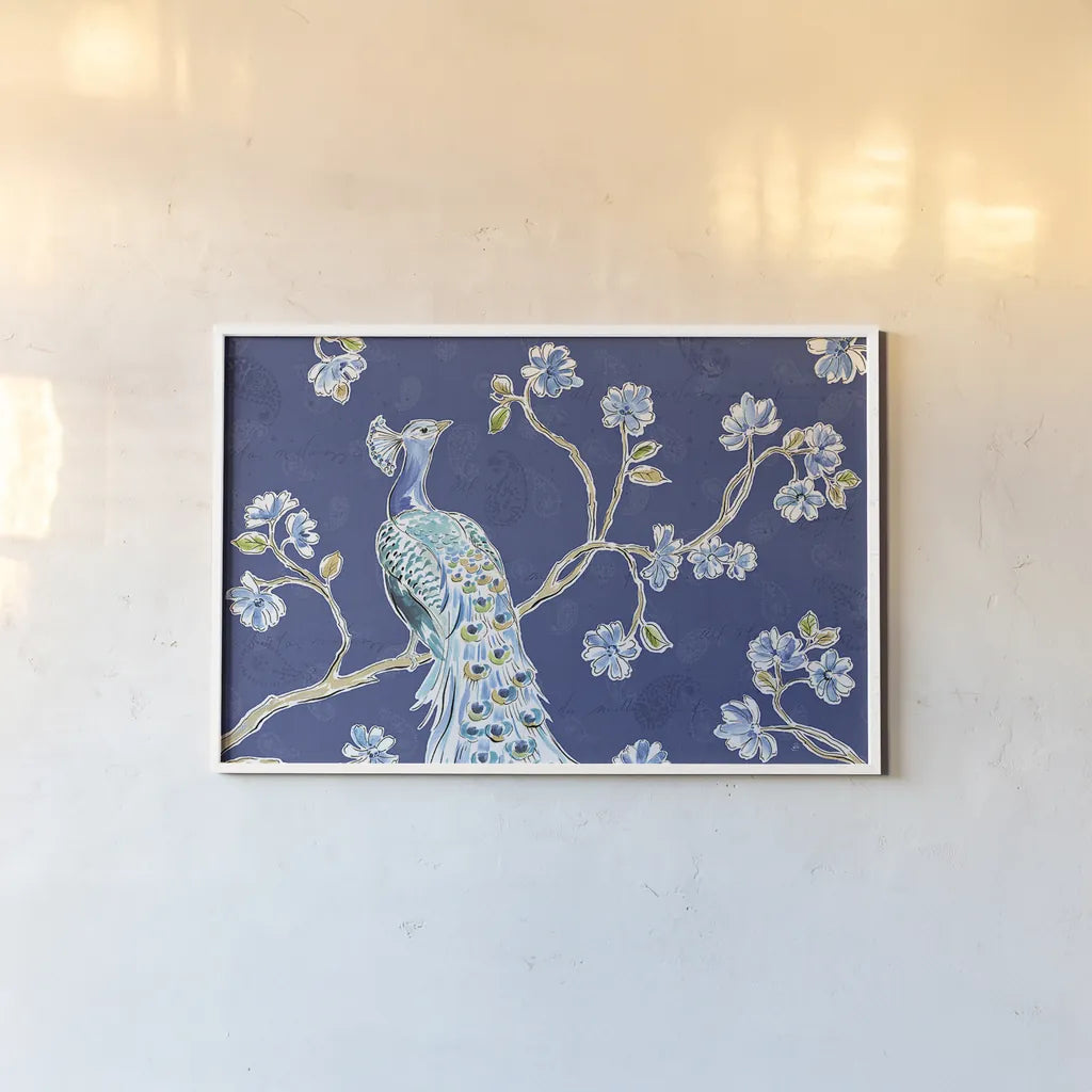 Peacock Allegory I Blue by Daphne Brissonnet. shown as a paper print in a white frame. Available as a archival giclee rolled canvas, fine art paper, or poster print. SKU 37504i.