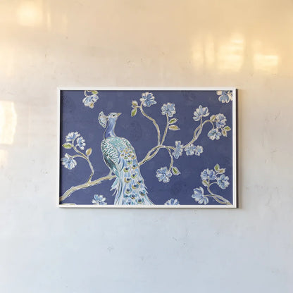 Peacock Allegory I Blue by Daphne Brissonnet. shown as a paper print in a white frame. Available as a archival giclee rolled canvas, fine art paper, or poster print. SKU 37504i.