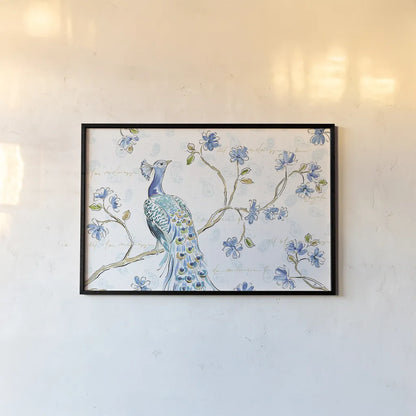 Peacock Allegory I White by Daphne Brissonnet. shown as a paper print in a black flame. Available as a archival giclee rolled canvas, fine art paper, or poster print. SKU 37508i.