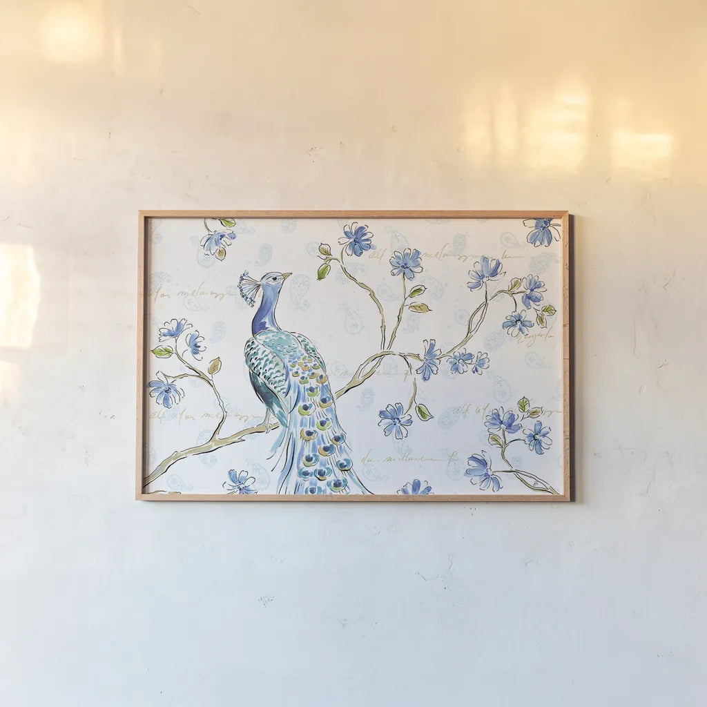 Peacock Allegory I White by Daphne Brissonnet. shown as a paper print in a natural frame. Available as a archival giclee rolled canvas, fine art paper, or poster print. SKU 37508i.