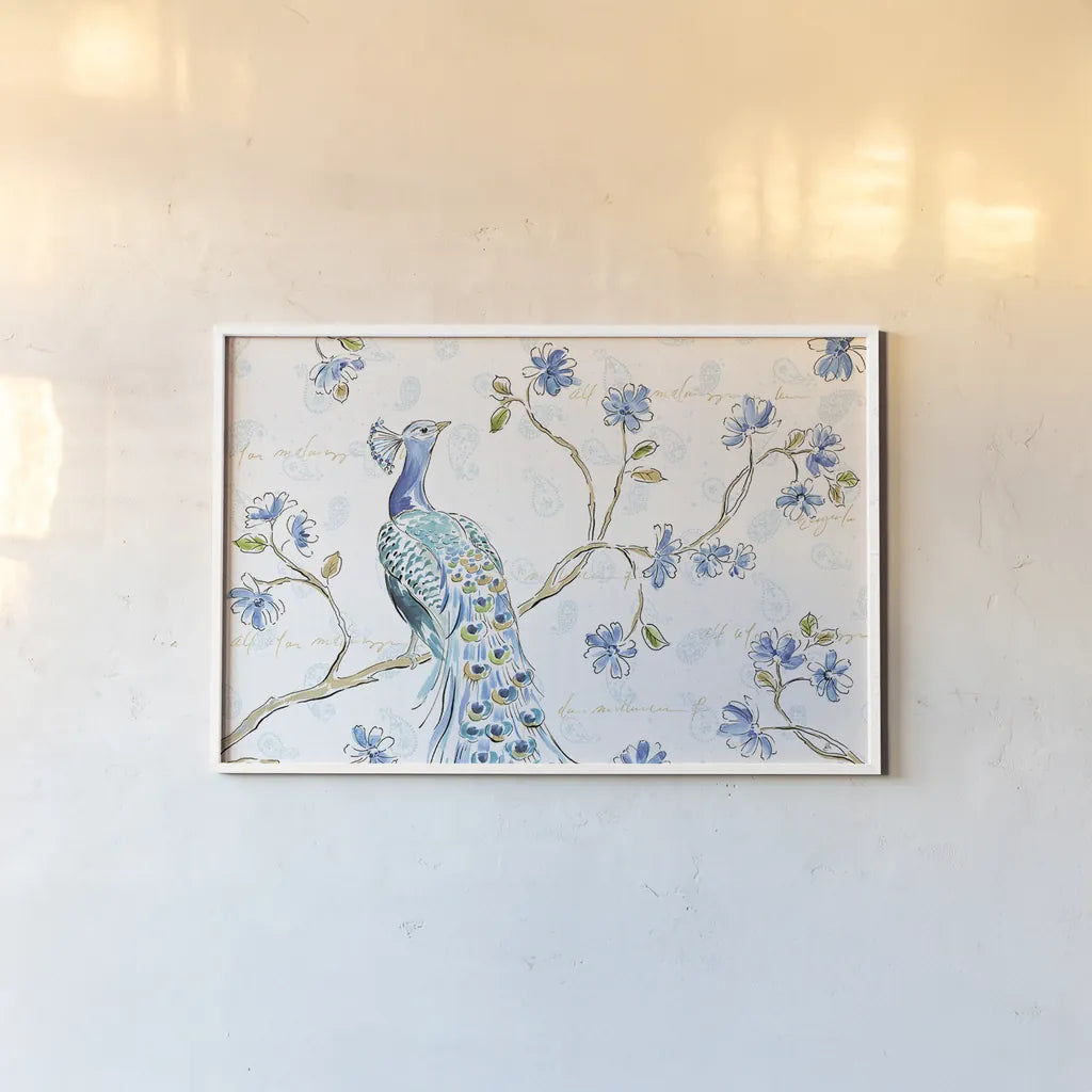 Peacock Allegory I White by Daphne Brissonnet. shown as a paper print in a white frame. Available as a archival giclee rolled canvas, fine art paper, or poster print. SKU 37508i.