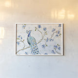 Peacock Allegory I White by Daphne Brissonnet. shown as a paper print in a white frame. Available as a archival giclee rolled canvas, fine art paper, or poster print. SKU 37508i.