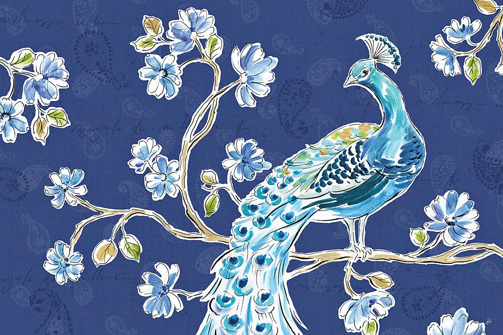 Peacock Allegory II Blue by Daphne Brissonnet. SKU 37505i. Archival Giclee Fine art print for wall decor.