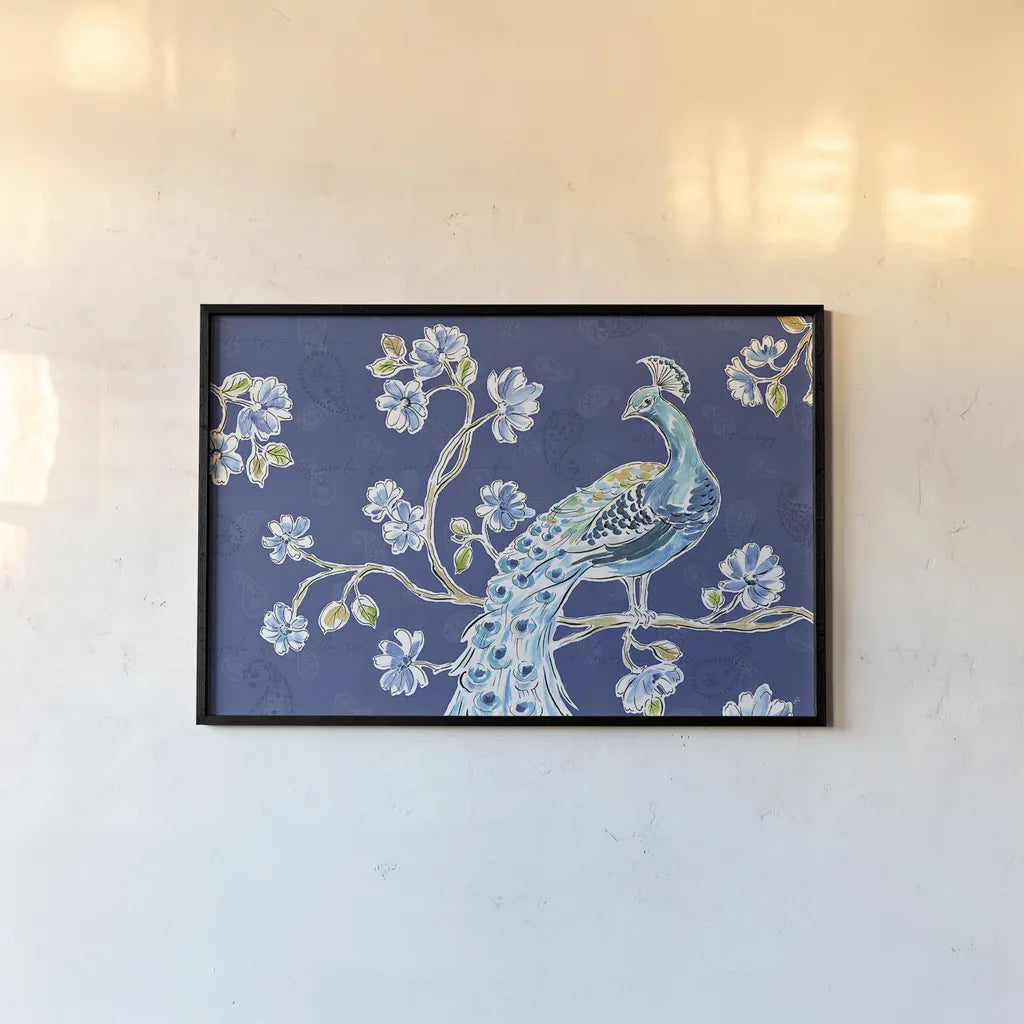 Peacock Allegory II Blue by Daphne Brissonnet. shown as a paper print in a black flame. Available as a archival giclee rolled canvas, fine art paper, or poster print. SKU 37505i.