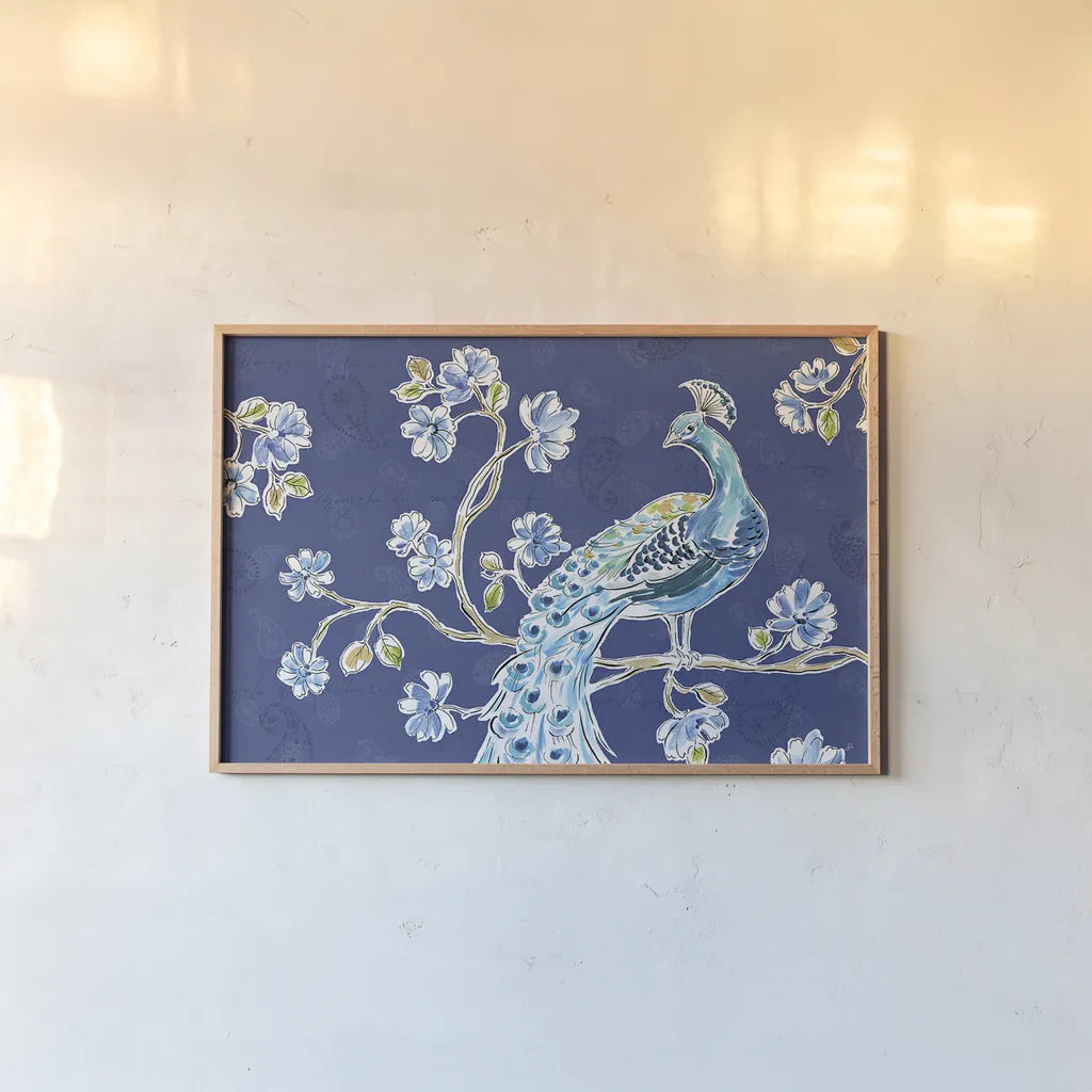 Peacock Allegory II Blue by Daphne Brissonnet. shown as a paper print in a natural frame. Available as a archival giclee rolled canvas, fine art paper, or poster print. SKU 37505i.