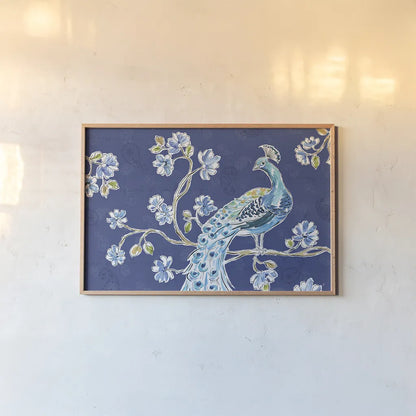 Peacock Allegory II Blue by Daphne Brissonnet. shown as a paper print in a natural frame. Available as a archival giclee rolled canvas, fine art paper, or poster print. SKU 37505i.