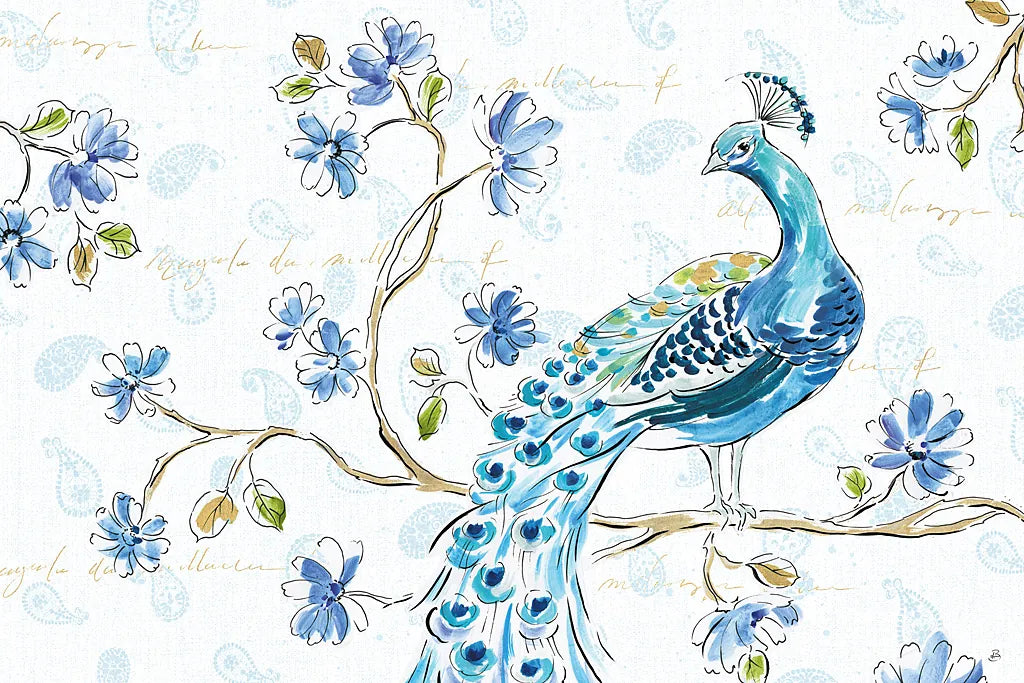 Peacock Allegory II White by Daphne Brissonnet. SKU 37509i. Archival Giclee Fine art print for wall decor.