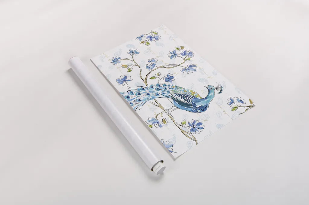 Peacock Allegory II White by Daphne Brissonnet. shown as a rolled paper print. Available as archival giclee rolled canvas, fine art paper, or poster print. SKU 37509i.