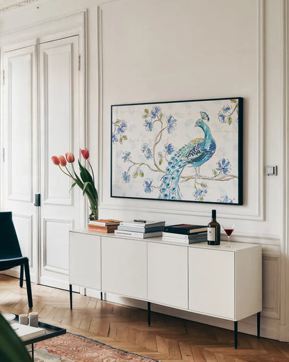 Peacock Allegory II White by Daphne Brissonnet. shown as a framed stretched canvas in a living room above a console. Available as a archival giclee rolled canvas, fine art paper, or poster print. SKU 37509i.