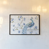 Peacock Allegory II White by Daphne Brissonnet. shown as a paper print in a black flame. Available as a archival giclee rolled canvas, fine art paper, or poster print. SKU 37509i.