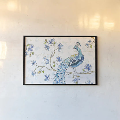 Peacock Allegory II White by Daphne Brissonnet. shown as a paper print in a black flame. Available as a archival giclee rolled canvas, fine art paper, or poster print. SKU 37509i.