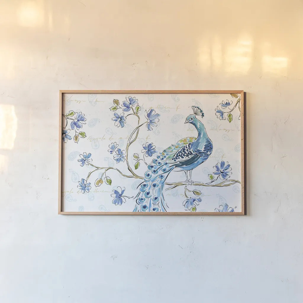 Peacock Allegory II White by Daphne Brissonnet. shown as a paper print in a natural frame. Available as a archival giclee rolled canvas, fine art paper, or poster print. SKU 37509i.