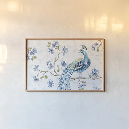 Peacock Allegory II White by Daphne Brissonnet. shown as a paper print in a natural frame. Available as a archival giclee rolled canvas, fine art paper, or poster print. SKU 37509i.